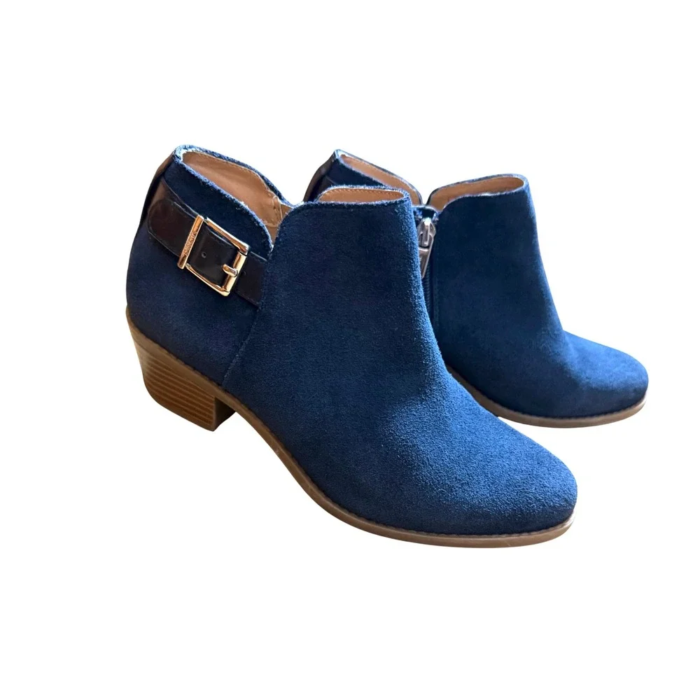 Vionic Blue Suede Ankle Booties Size 6 Buckle Side Zip Block Heel Comfort
